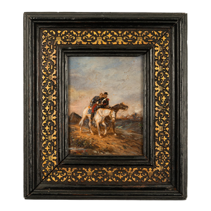 Antique Miniature Oil Painting on Panel French Battle Cavalry Horse Scene by James Alexander Walker 1875, Framed