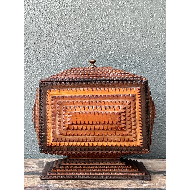 Vintage Tramp Art Wood Box on Pedestal For Sale - Image 4 of 17