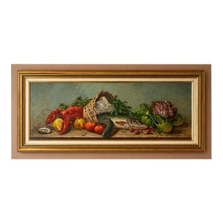 1918 Rectangular Landscape Signed Rustic Still Life With Fish and Basket Oil Painting For Sale