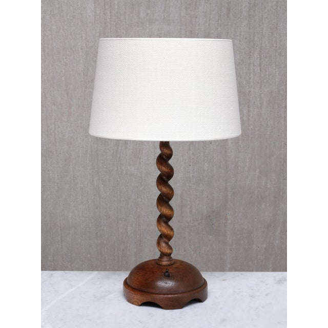 French Sculptural Oak Table Lamp with Barley Twist Stem and Linen Shade, 1950s For Sale - Image 9 of 9