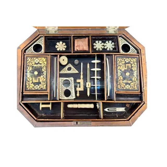 Wood 19th Century Chinese Export Lacquer Chinoiserie Sewing Box For Sale - Image 7 of 15