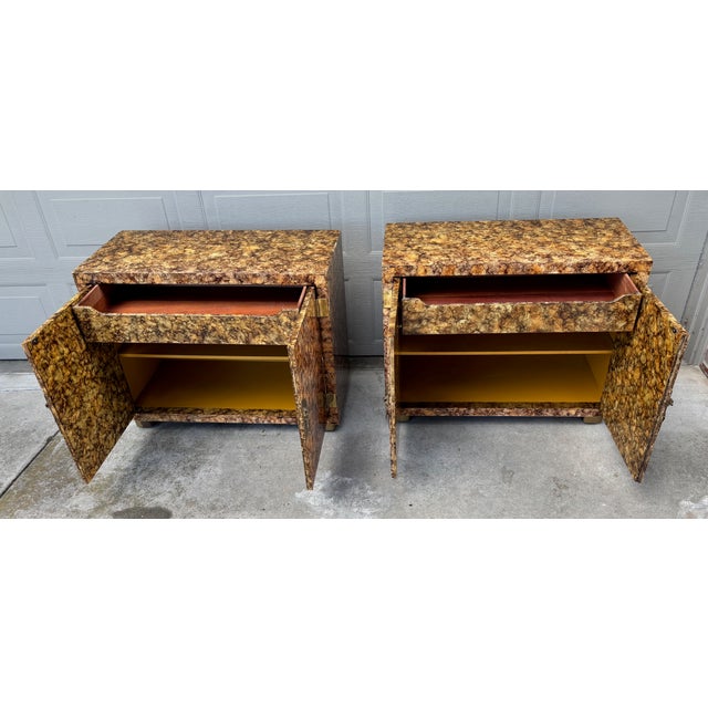 DESCRIPTION: Vintage pair of Hollywood Regency style Henredon Fine furniture faux tortoise shell cabinets. Interior is...