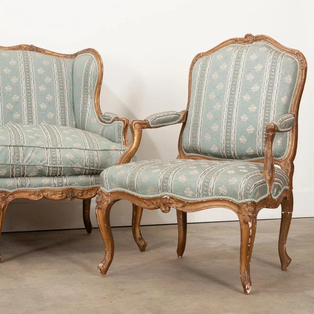 19th Century Louis XV Style Gilt & Upholstered Parlor Set - Set of 3 For Sale - Image 4 of 12
