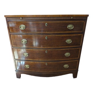 Late 20th Century Baker Bow Front Banded Top & 4 Drawers Pull Out Desk Bachelor Chest Dresser For Sale