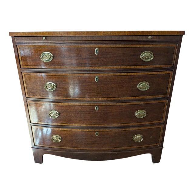 Late 20th Century Baker Bow Front Banded Top & 4 Drawers Pull Out Desk Bachelor Chest Dresser For Sale