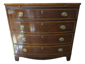 Late 20th Century Baker Bow Front Banded Top & 4 Drawers Pull Out Desk Bachelor Chest Dresser