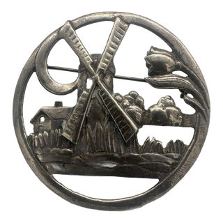 Vintage 925 Sterling Silver Delft Dutch Windmill Floral Brooch Pin For Sale