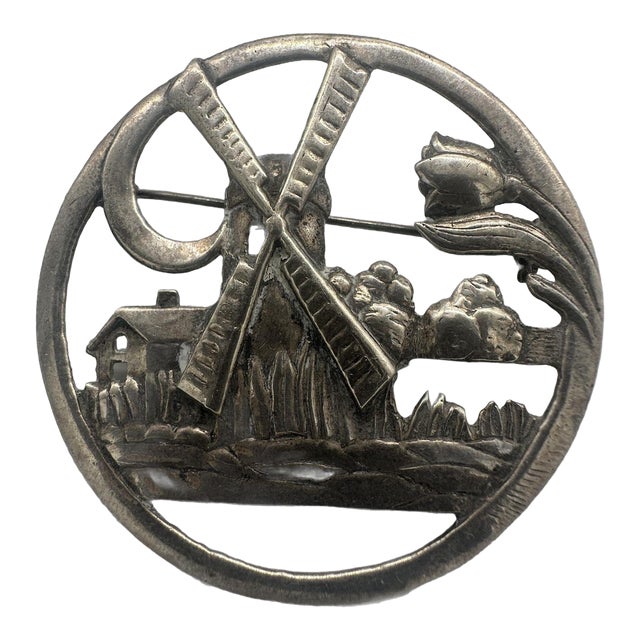 Vintage 925 Sterling Silver Delft Dutch Windmill Floral Brooch Pin For Sale