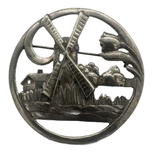 Vintage 925 Sterling Silver Delft Dutch Windmill Floral Brooch Pin