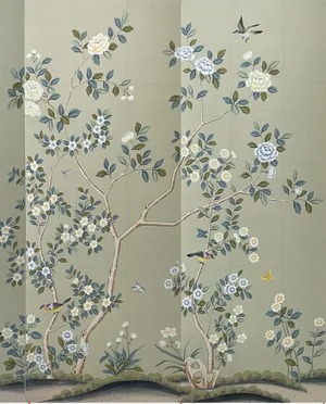 Chinoiserie Panel Hand Painted Wallpapers Mural on Tea Paper Panel - 2 Panels