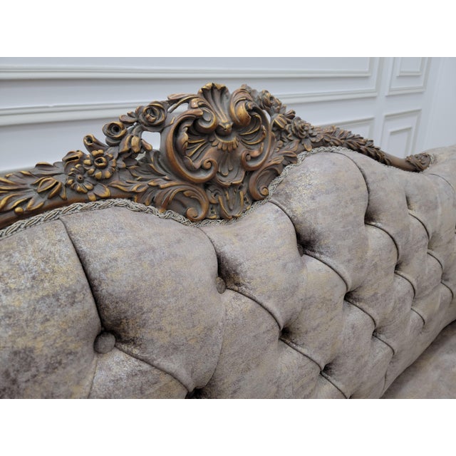 1980s 1980s French Sofa Gold Leaf Tufted Brown Velvet For Sale - Image 5 of 11