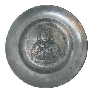 Antique 18th Century Tooled Engraved Handmade Portrait Pewter Plaque Plate Dish For Sale