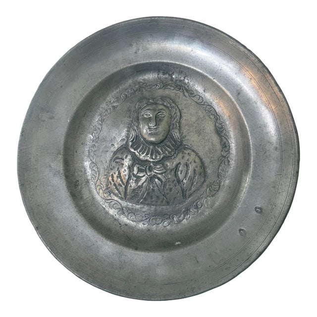 Antique 18th Century Tooled Engraved Handmade Portrait Pewter Plaque Plate Dish For Sale