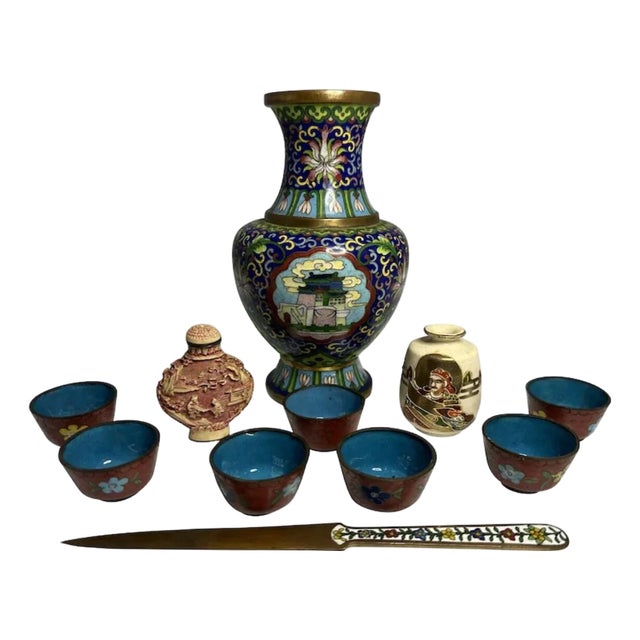 Early 20th Century Oriental Cloisonne, Cinnabar & Satsuma Collection: Vase, Cups, Snuff Bottle For Sale