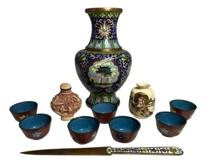 Early 20th Century Oriental Cloisonne, Cinnabar & Satsuma Collection: Vase, Cups, Snuff Bottle