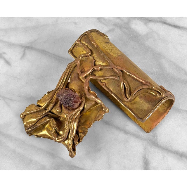 Abstract Vintage Brazilian Brutalist Brass & Amethyst Hand Bag Purse Clasp Topper For Sale - Image 3 of 9