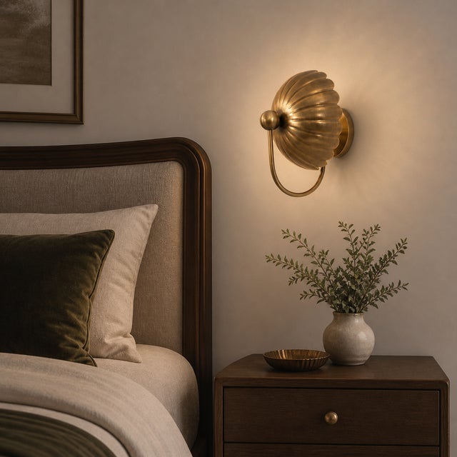 Vintage Brass Wall Sconce Light, Handmade Antique Brass Flower Wall Lamp, Mid Century Shell Sconce, Bedroom Bedside Hallway Lighting Fixture For Sale - Image 4 of 10