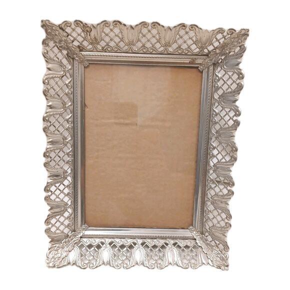 60s Ornate Filigree Silver Metal Picture Frame 8.5"x7" Edwardian Granny W Stand For Sale - Image 9 of 12