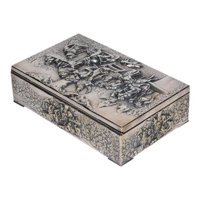 Antique Continental Silverplate Covered Village Scene Motif Rectangular Box For Sale