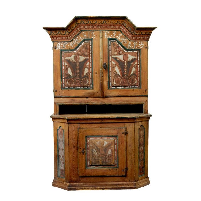 Antique Swedish Hand Painted Folk Art Cupboard, 1813 For Sale - Image 4 of 11