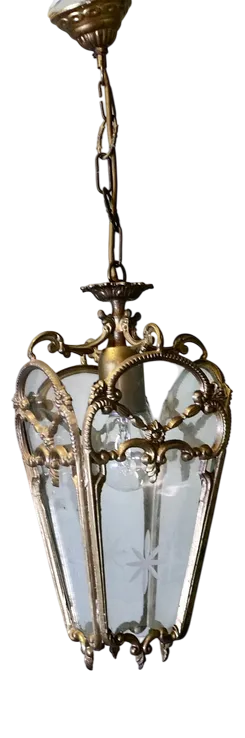 French Rococo Style Brass and Etched Glass Lantern Hall Light