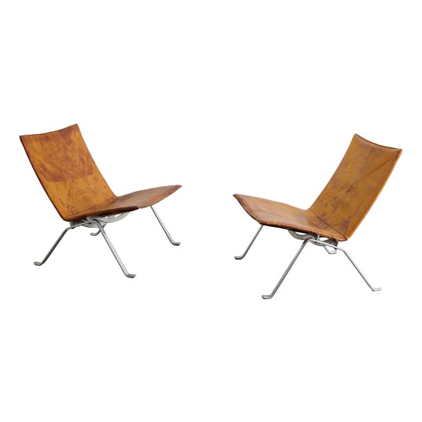 PK-22 Brown Leather Steel Easy Chairs by Poul Kjaerholm for E. Kold Christensen, 1960s, Set of 2 For Sale