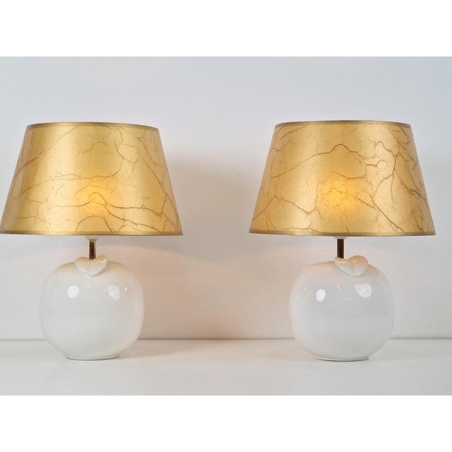 Gold White Ceramic Apple Table Lamp, 1970s, Set of 2 For Sale - Image 8 of 9