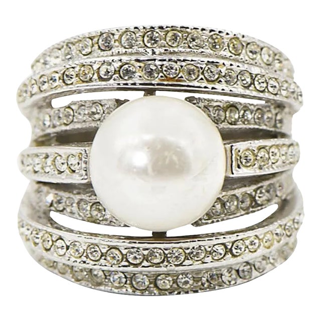 Large Faux South Sea Pearl and Crystal Sterling Silver Cocktail Ring size 9 For Sale