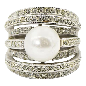 Large Faux South Sea Pearl and Crystal Sterling Silver Cocktail Ring size 9