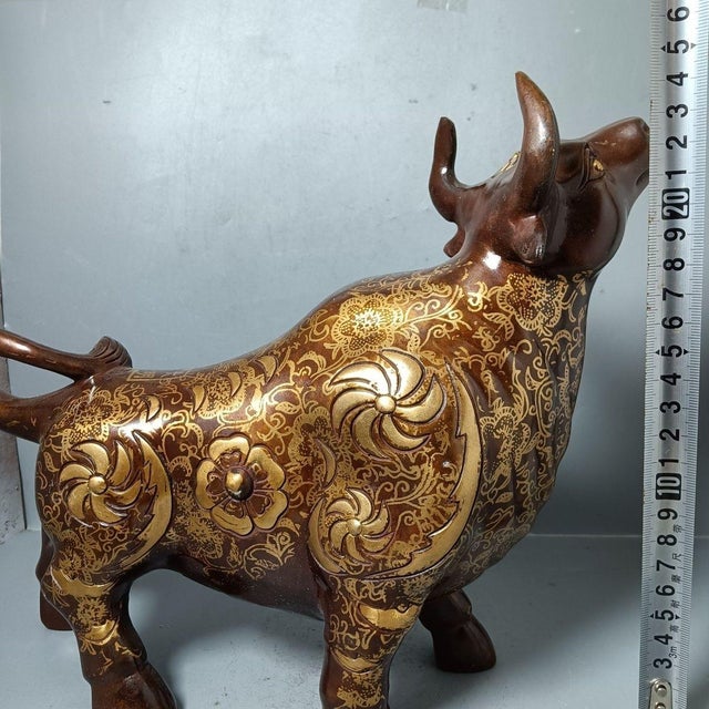 Vintage Gilt-Decorated Brass Bull Sculpture / Chinese Feng Shui Ox Statue For Sale - Image 9 of 9