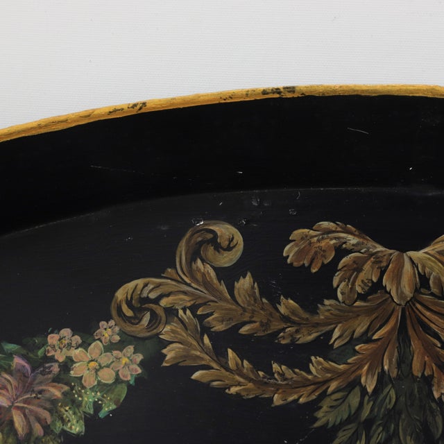 Vintage Hand Painted Tole Tray Black Lacquer With Classical Cameo Portrait and Golden Owl Motif For Sale - Image 14 of 18