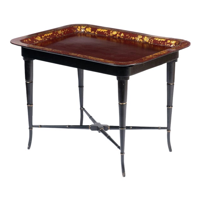 English Gilt Decorated Burgundy Paper Mache Tea Tray on Custom Stand, C. 1830 For Sale