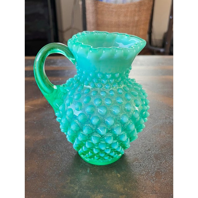 Fenton Art Glass Company Vintage Fenton Hobnail Uranium Glass Pitcher For Sale - Image 4 of 9