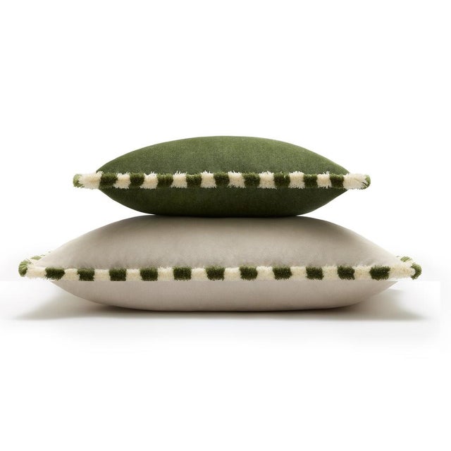 Contemporary Couple Bicolor Happy Cushions in White and Green Velvet from Lo Decor, Set of 2 For Sale - Image 3 of 7