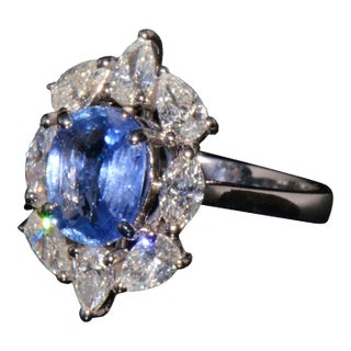 Gia Certified 3.29ct No-Heat Blue Sapphire & Diamond 18k Gold Halo Ring, Size 5.25 For Sale