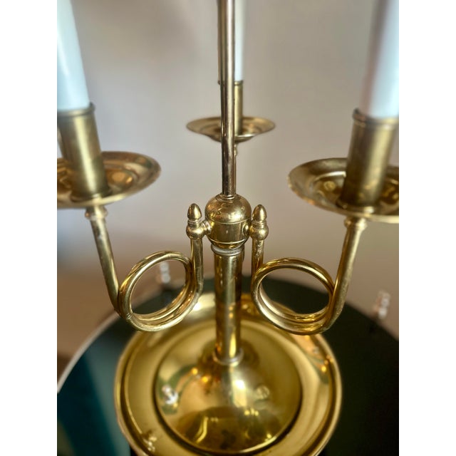Vintage Solid Brass French Horn Bouillotte Lamp | 3-Arm Candelabra, Original Shade For Sale - Image 11 of 12