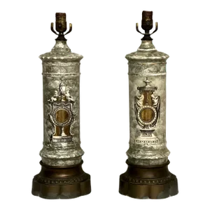 Early 1900s French Neoclassical Reverse Painted Églomisé Lamps, Pair