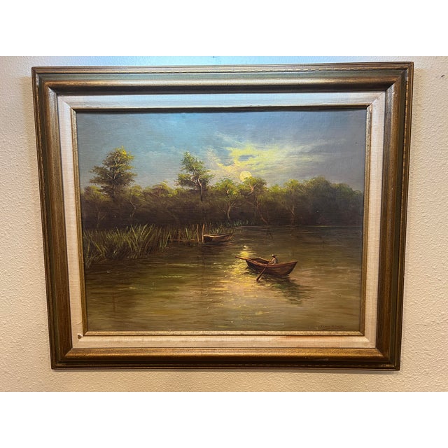 Late 20th Century Original Oil/Acrylic Painting Two Boats in the Moonlight, F. Raquel Moncayo Framed For Sale - Image 6 of 10