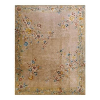 1920s Beige Field Modern Floral Antique Chinese Art Deco Walter Nichols Rug For Sale