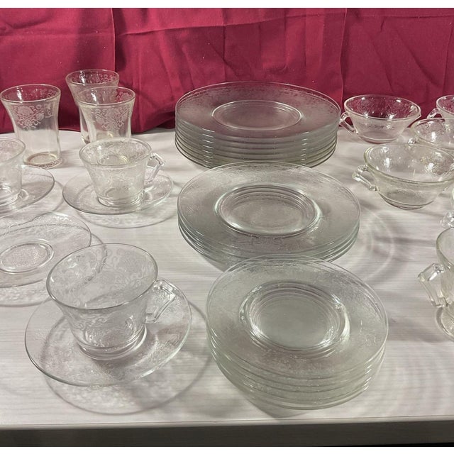 An exceptional, museum-quality 43-piece estate service of clear crystal Depression glass in the coveted "Florentine No. 2"...