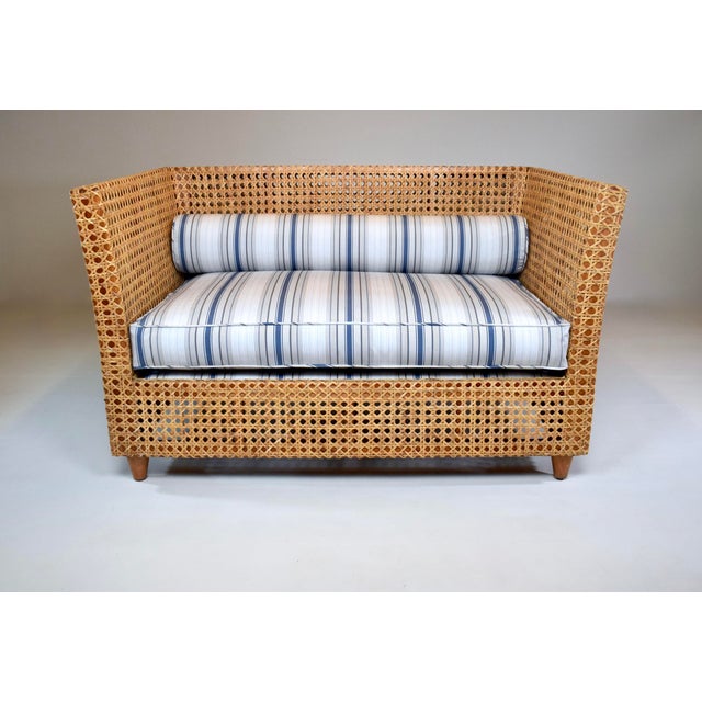 Modern Caned Teak Rattan Loveseat in Blue and White Sunbrella Fabric For Sale - Image 15 of 15