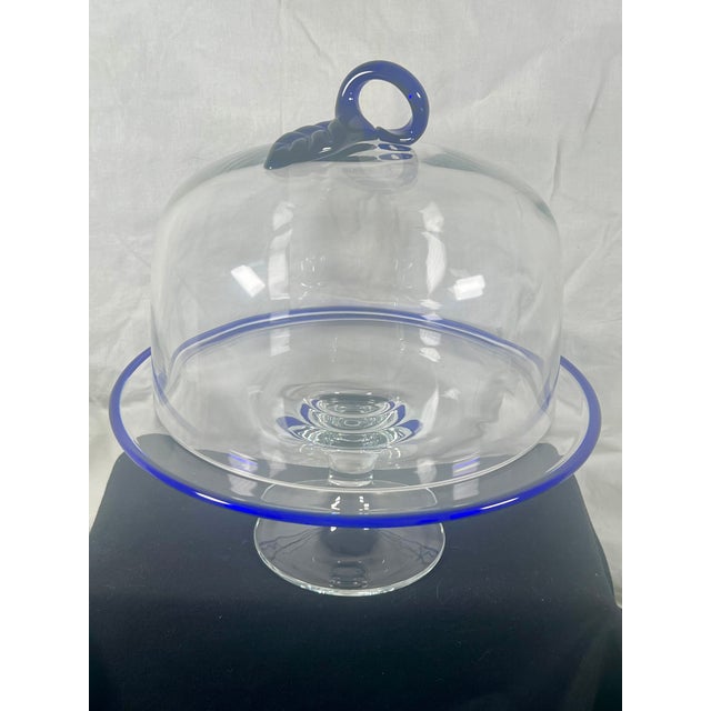 Vintage Hand-Blown Cake Stand With Cover, Cobalt Blue Trim Unique design with blue leaf detail that serves as handle for...