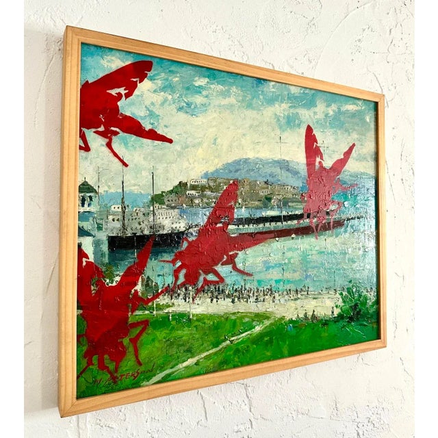 This vintage boho painting is a unique process considering the artist painted over an existing painting to create this 1...