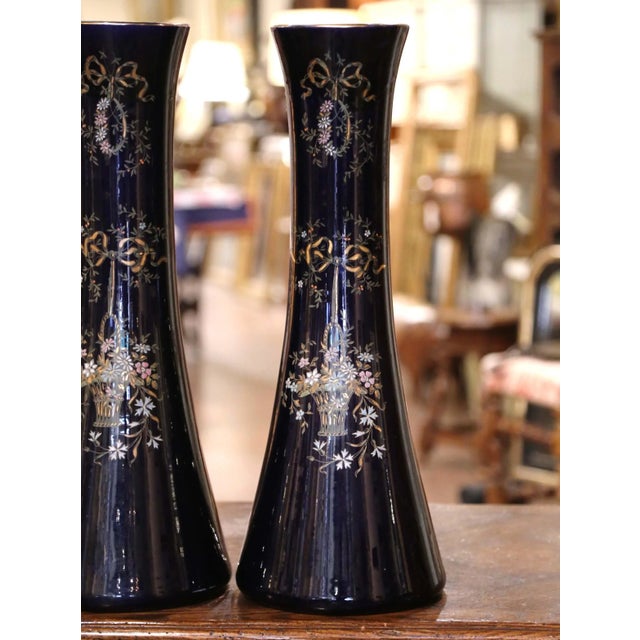 Pair 19th Century French Neoclassical Painted and Gilt Porcelain Trumpet Vases For Sale - Image 4 of 13