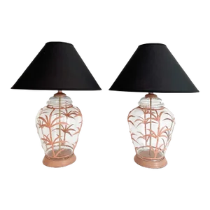 1970s Terracotta Palm Tree Lamps & Shades - a Pair