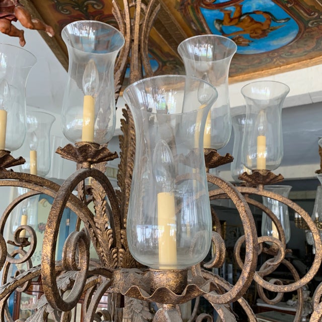 French Provincial Palace Size Cast Iron Chandelier With Lantern Glass For Sale - Image 3 of 6