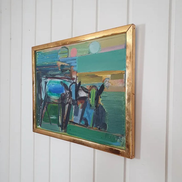An oil on panel composition where landscape and form dissolve into one another. Two cows emerge as structural elements...