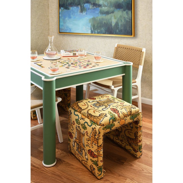 Not Yet Made - Made To Order Matthew Izzo Home Jacky Square GrassclothTop, Round Leg, Two Drawer Game Table in Matte Green With Matte White Lacquer Edging For Sale - Image 5 of 7