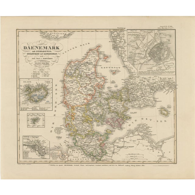 Antique Map of Denmark, 1858 For Sale