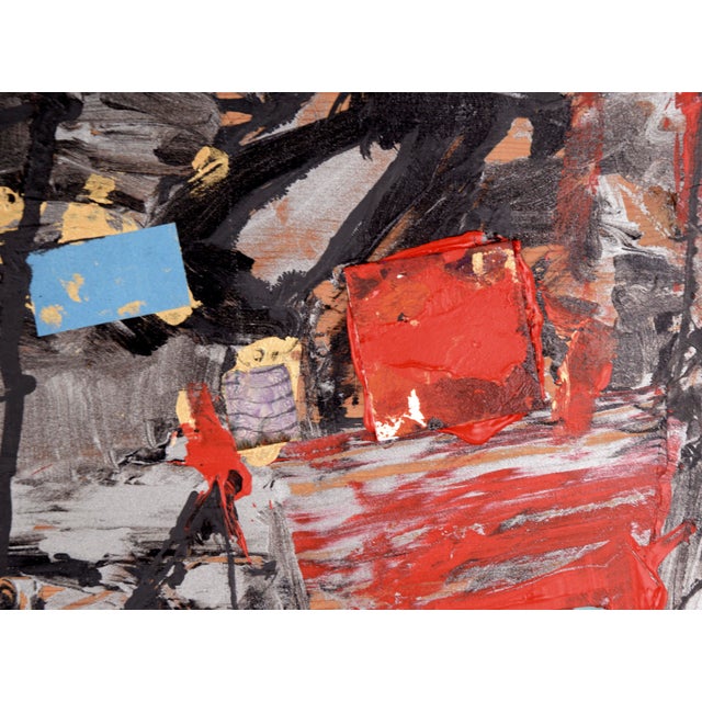Abstract expressionist oil painting with assembled objects by Bay Area artist Michael Pauker (American, b. 1957). Black...